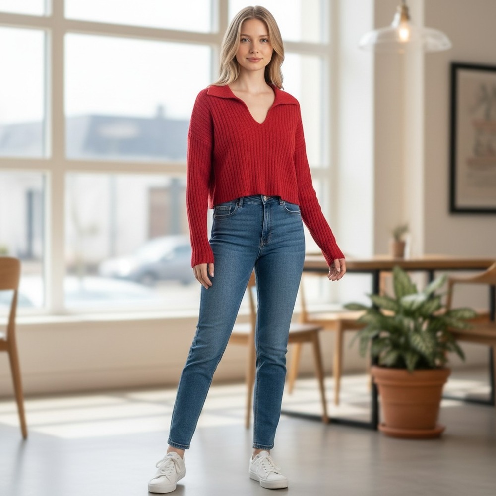 SHEIN Red Ribbed Knit Cropped Top Long Sleeve V Neck Collar Size S